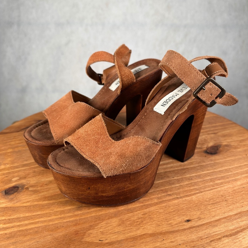 Steve Madden Platform Sandals Womens 6 Tan Suede Good Wood Block Heel Peep Toe